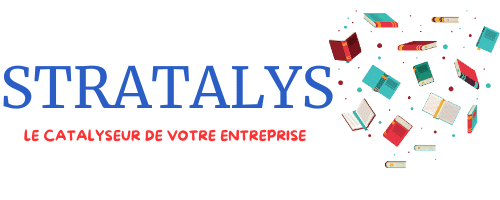 Nom de l'entreprise Stratalys en bleu, en dessous en rouge le slogan, le catalyseur de votre entreprise. À droite du S de stratalys, des livres flottes en nuées.